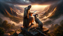 Binding of Isaac. Abraham is standing with a knife's silhouette in front of a ram. Biblical