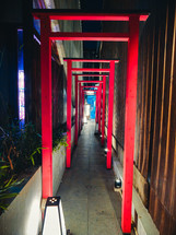 Tight Empty Alley With Red Decorations In Japan 