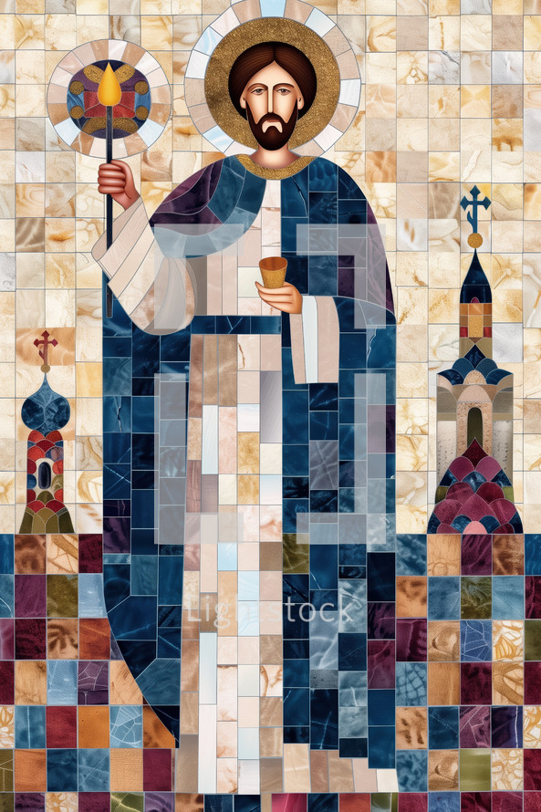 Christian festival poster with a detailed mosaic of a person holding a chalice and staff, surrounded by church architecture. Ideal for religious events, spiritual gatherings, and cultural celebrations.