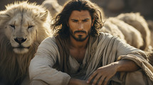 Portrait of biblical Daniel in the lions' den. Christian illustration.