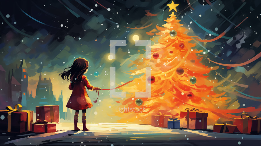 Girl in red dress marveling at a glowing Christmas tree on a snowy evening, evoking the wonder of the holidays.