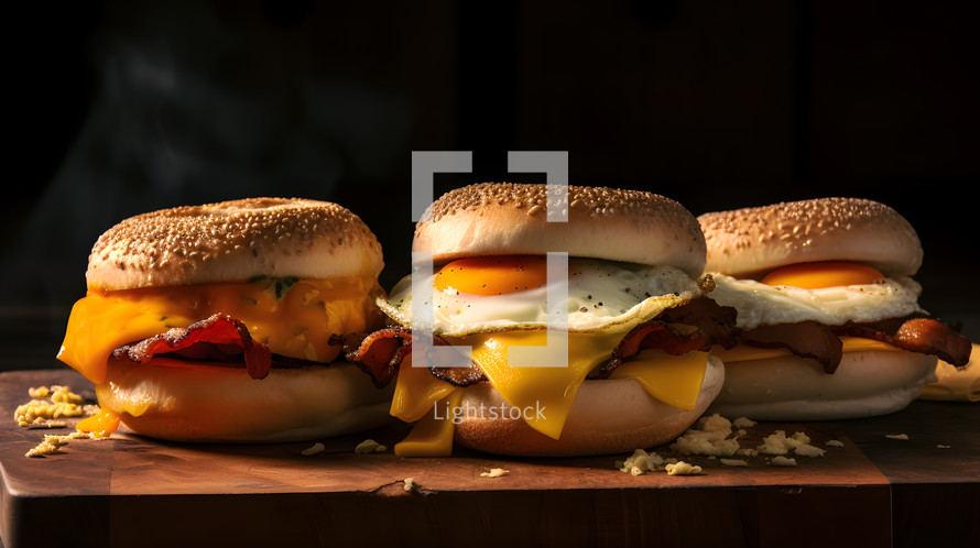 Abstract art. Colorful painting art of an exquisite plate of food. Breakfast sandwiches with eggs, cheese, and sausage or bacon, served on a bagel.