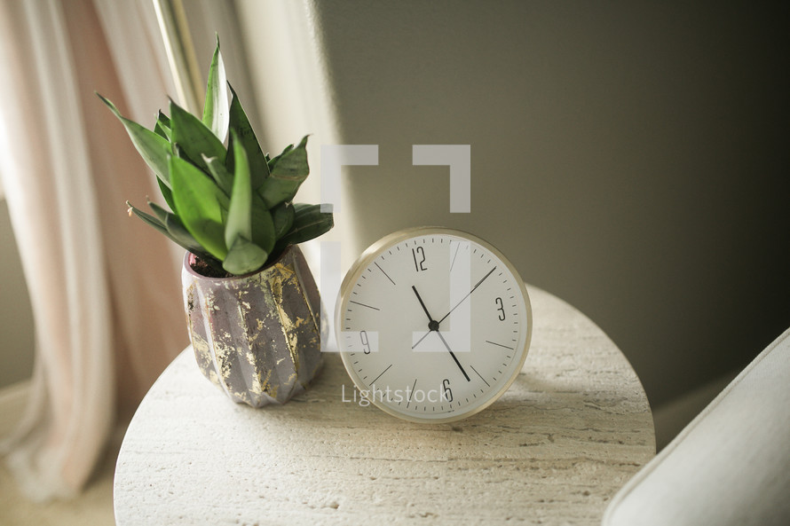 house plant and clock on a side table 