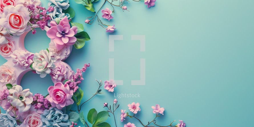 Creative number 8 made of pink and blue flowers on blue background. Women's day concept