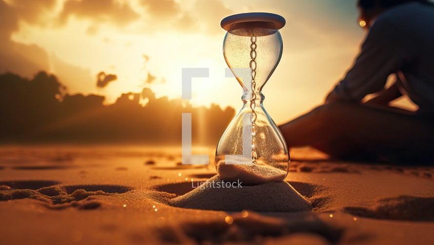 Woman sitting on the sand and looking at the hourglass. Time concept