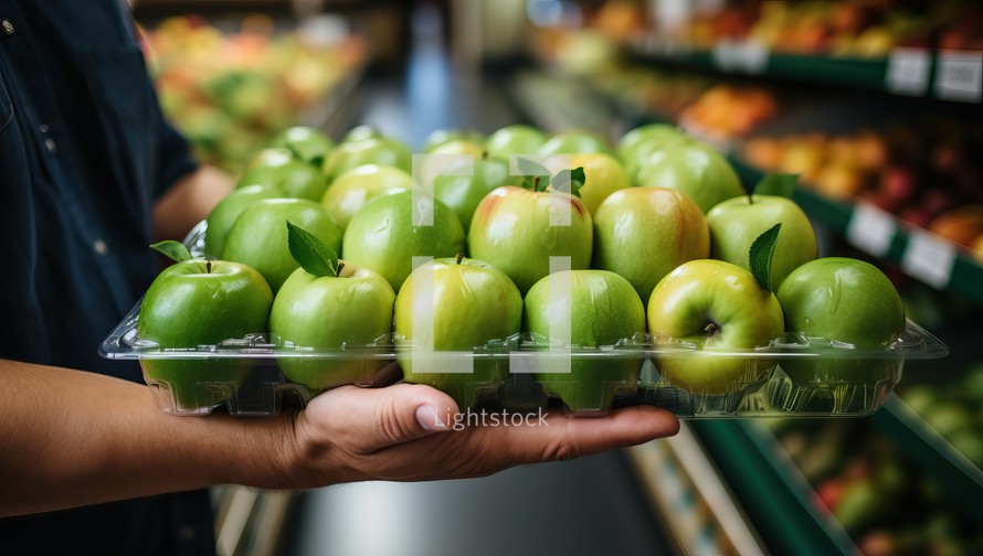 Man holding plastic box with green apples in supermarket.