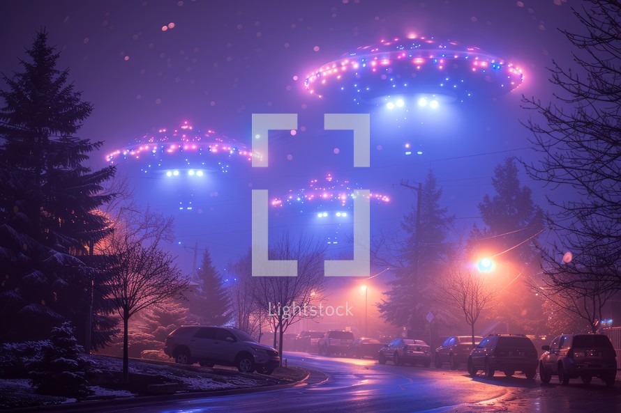 Mesmerizing winter night scene with glowing UFO lights over snowy neighborhood. Concept of alien visitation, extraterrestrial phenomenon, and otherworldly mystery