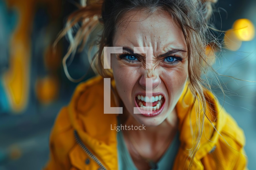 Close up Portrait of Angry Young Woman with Blue Eyes, Yelling with Frustration and Rage