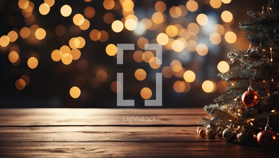 Christmas tree with decorations on wooden table in front of defocused lights