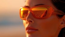  Woman in orange sunglasses at beach during sunset