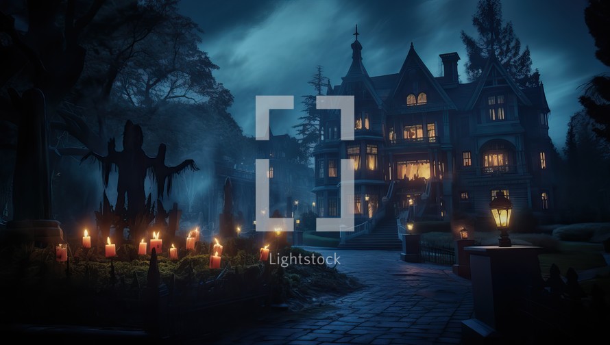 Halloween night scene with haunted house and candles. Horror Halloween background