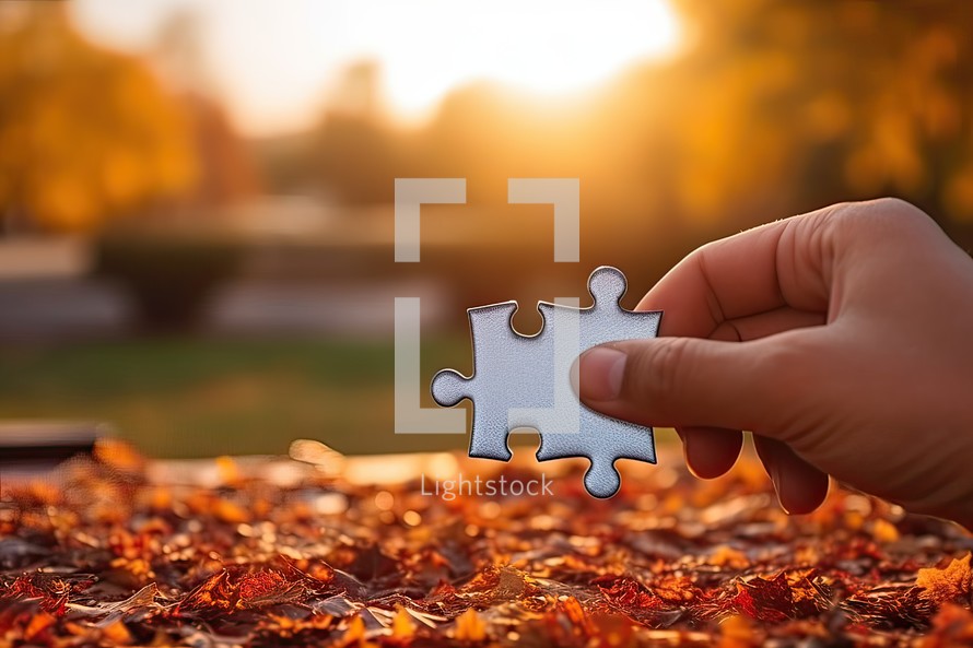 Hand holding jigsaw puzzle piece in autumn park. 