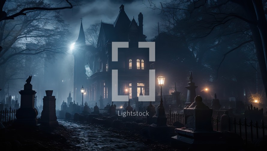 Gothic castle in the cemetery at night with fog. Halloween concept