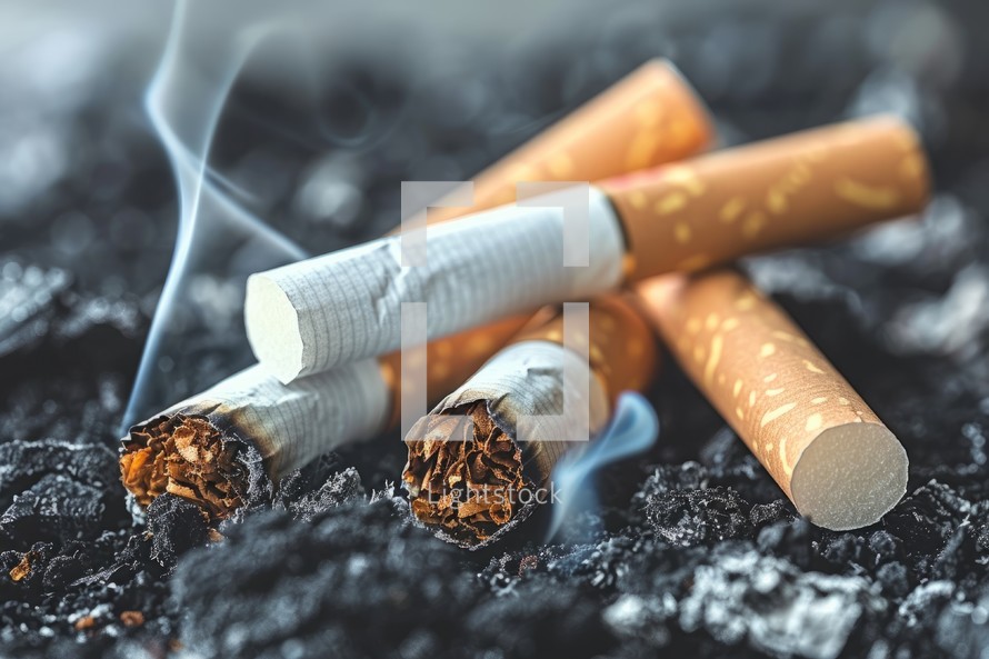 Burning cigarettes and tobacco hazard unhealthy addiction and toxic smoke