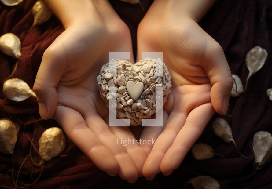 Hands holding a heart in the form of a stone in the form of a flower