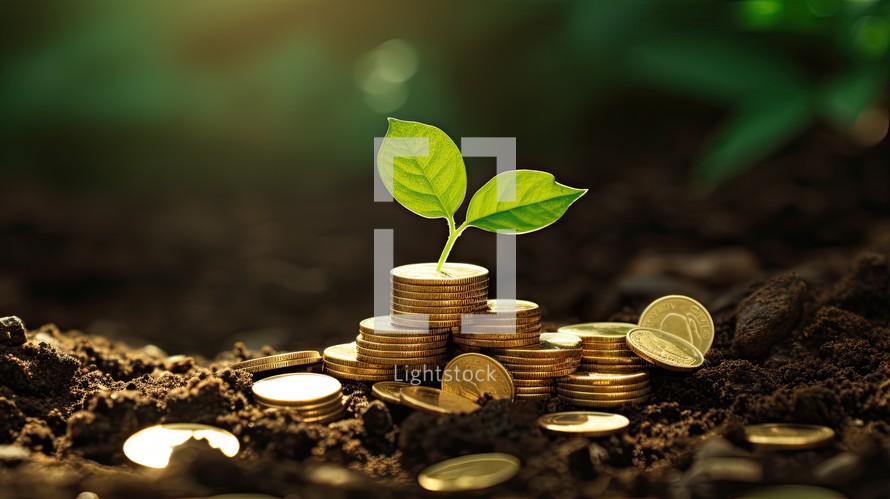 Investment concept, Coins growing on the ground and green plant background