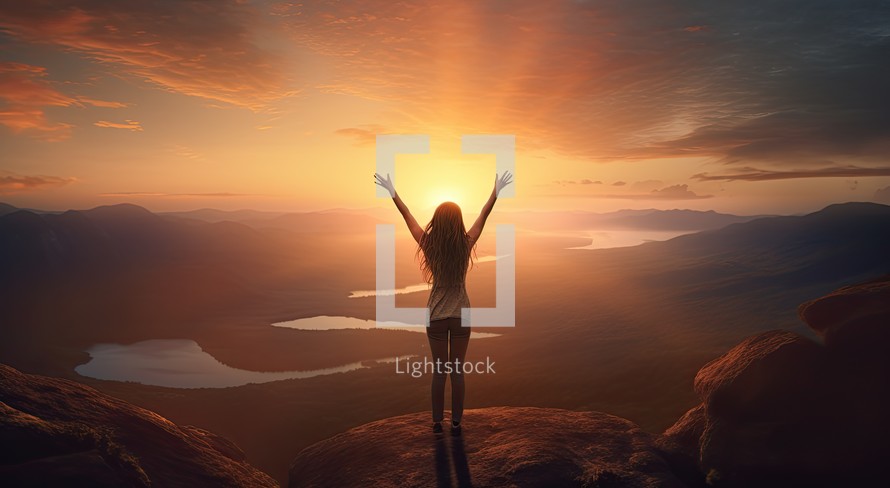 Happiness and freedom concept. Happy asian woman with raised hands standing on the top of the mountain and looking at the beautiful sunrise.