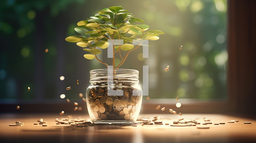 Investment concept, Coins in glass jar with plant growing out of it