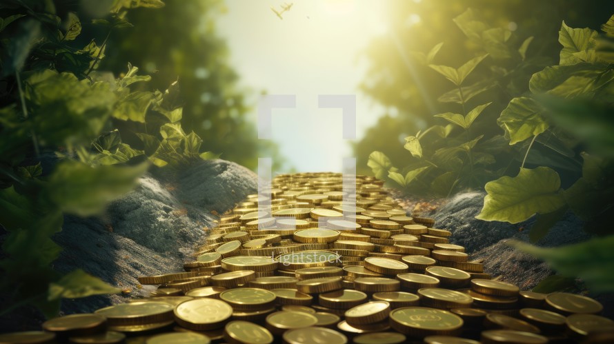 Golden coins in the forest with sunlight. Business and finance concept.
