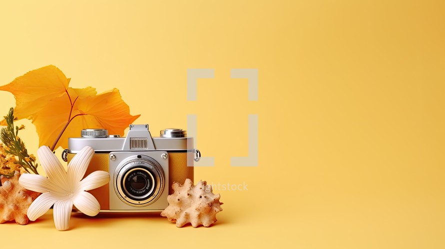 Vintage camera with autumn leaves on yellow background. Minimal concept