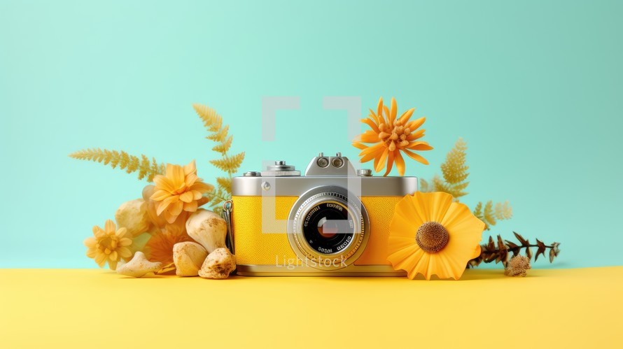 Retro camera with flowers on yellow and blue background, copy space