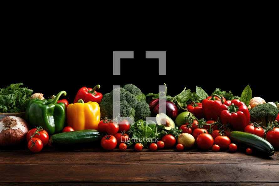 Composition with variety of raw organic vegetables on wooden table against black background