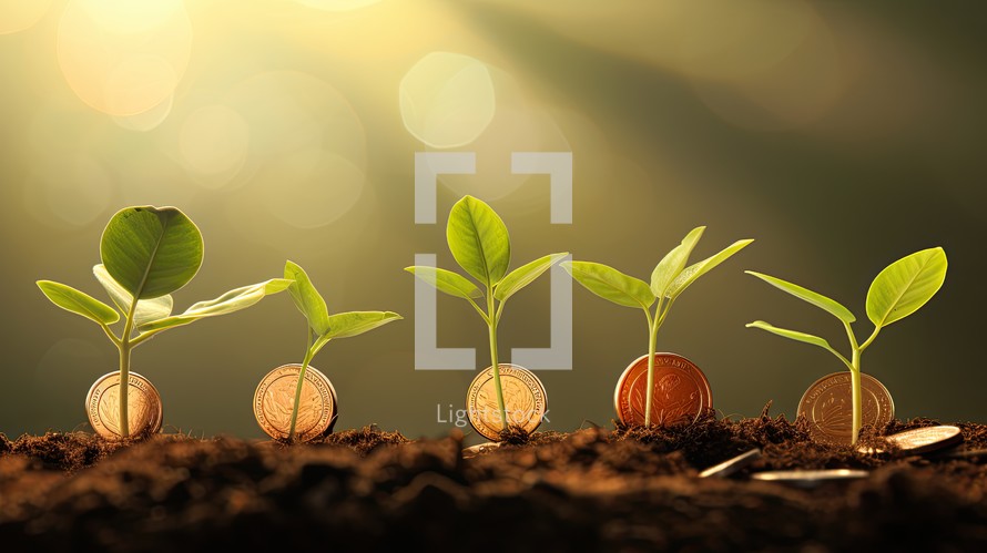 Green seedling growing from pile of coins on blurred background, business idea