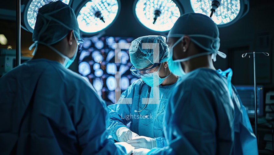 Adult veterinarians performing surgery in operation room with blue lighting