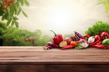 Wooden table with fresh vegetables on nature background. Healthy food concept
