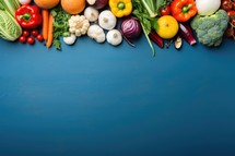Fresh vegetables on blue background. Healthy food concept. Top view with copy space