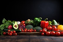 Fresh organic vegetables on wooden table over black background. Healthy food concept.