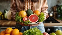Woman holding fresh produce in kitchen