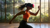 Woman exercising with virtual reality goggles in fitness studio