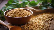Soybeans in wooden bowl on sackcloth and spoon on wooden table