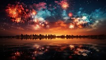 Colorful fireworks with reflection on water and cityscape at night.
