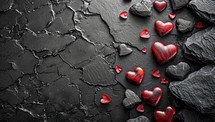Valentine's day background with Red Hearts on Black Stone Surface