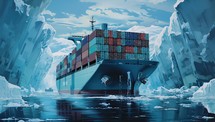 big container ship in ice sea. Global warming concept