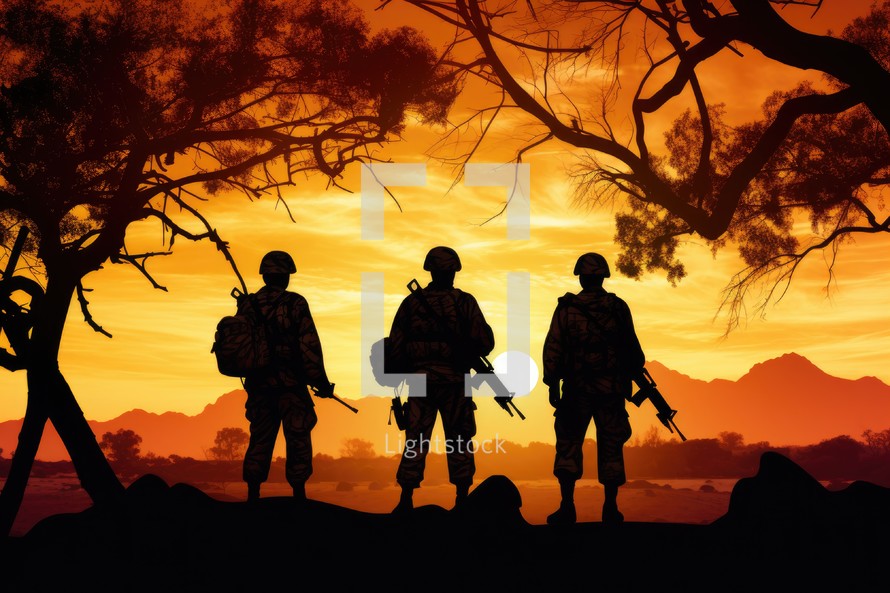Silhouette of soldiers in the desert at sunset. Military concept