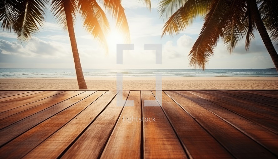 Wooden floor with coconut tree and sunset on the beach background.