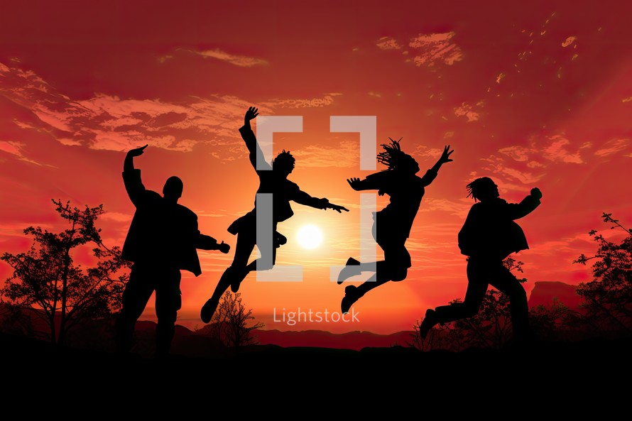 Silhouettes of people jumping in the sunset