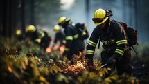 Firefighters extinguish a fire in a forest.