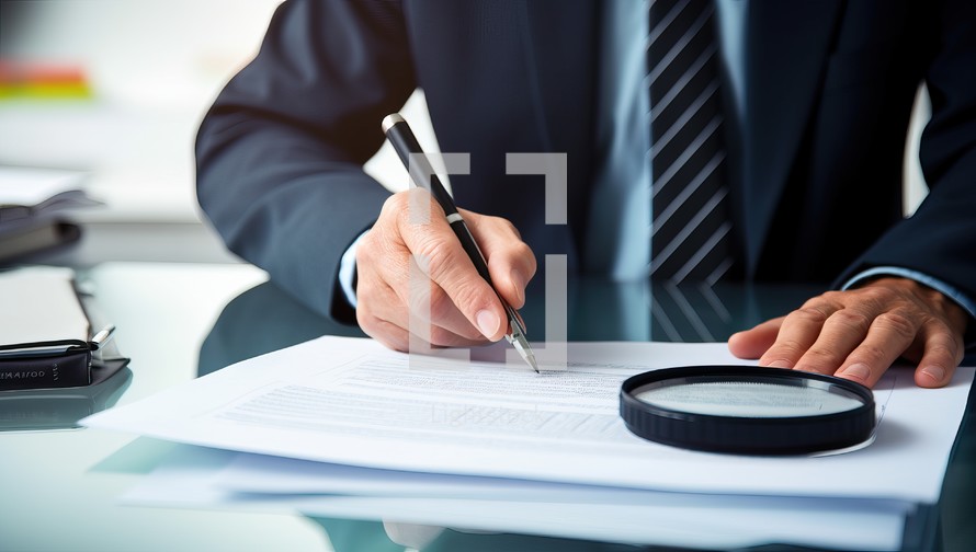 Close-up of businessman signing contract with magnifying glass in office