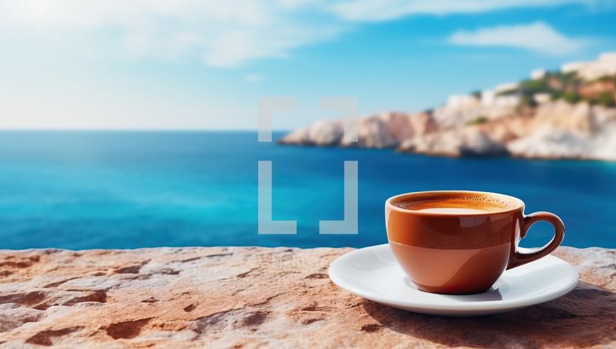 Cup of coffee on the background of the sea