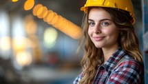Woman wearing construction helmet indoors