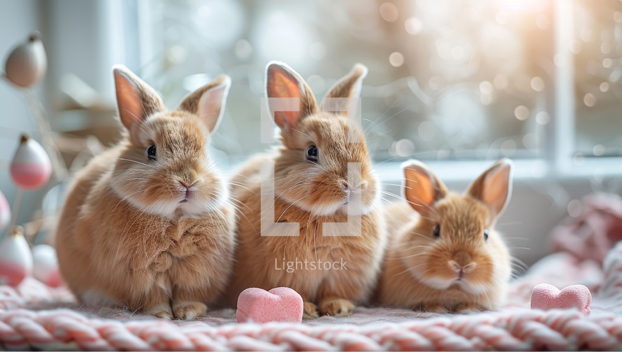 Group of three cute red rabbits sitting on the windowsill. Easter concept.