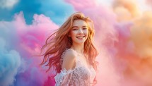 Portrait of a beautiful young woman with long curly hair in a white lace dress on a background of colored clouds