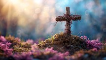 Cross on moss with bokeh background. Crucifixion concept