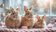 Group of three cute red rabbits sitting on the windowsill. Easter concept.