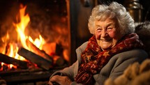 Smiling elderly woman sitting in front of a fireplace at home.