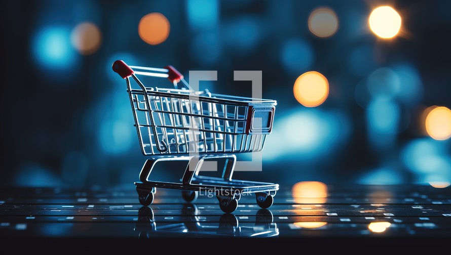 Shopping cart with bokeh background. E-commerce concept.
